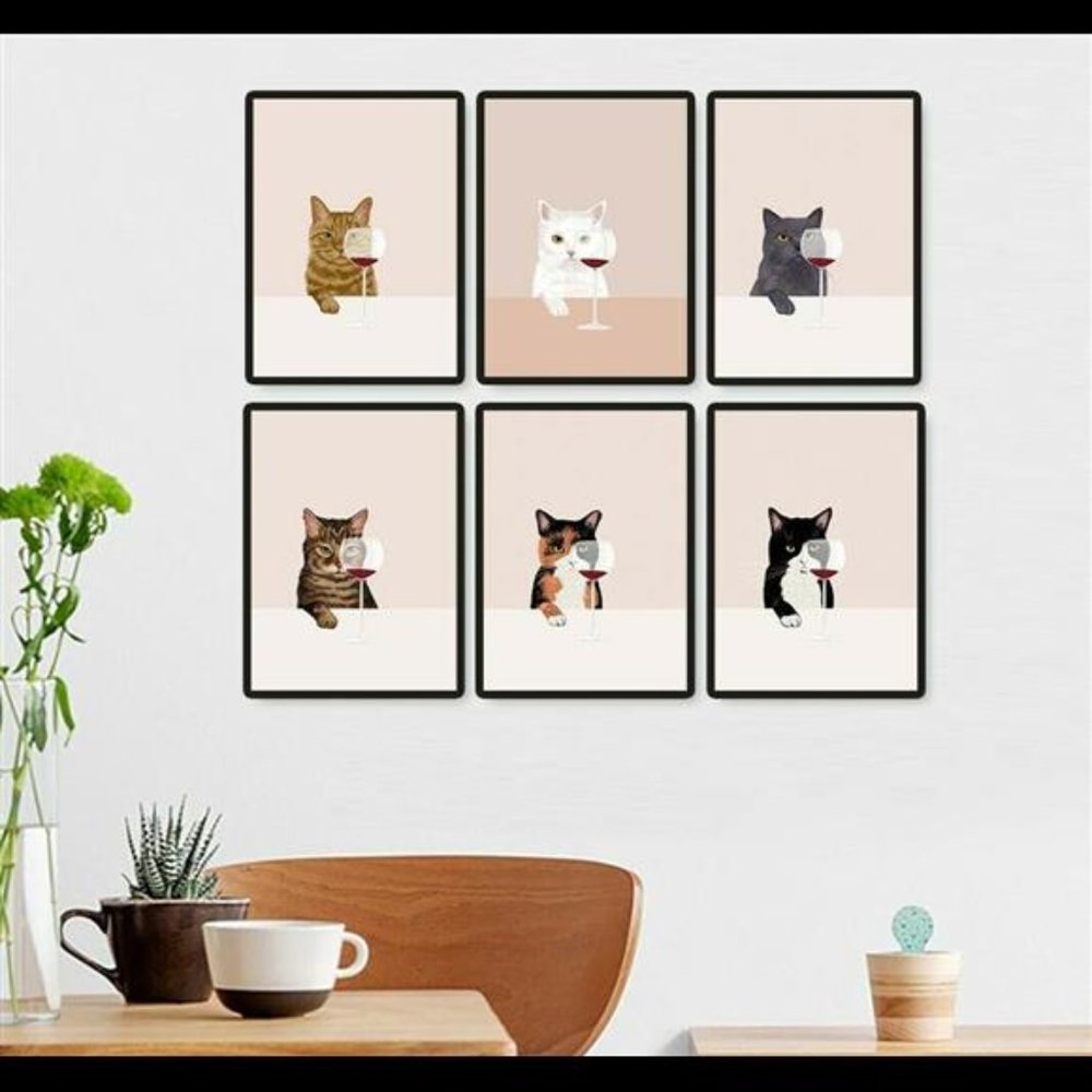 Funny Cats Red Wine Posters Feline Humor Wall Art Decor Set of 6 Print